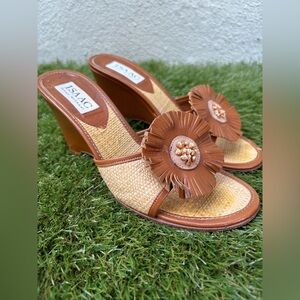 Vintage Isaac Mizrahi Raffia and Leather Wedge Sandal Size 6 Made In Italy